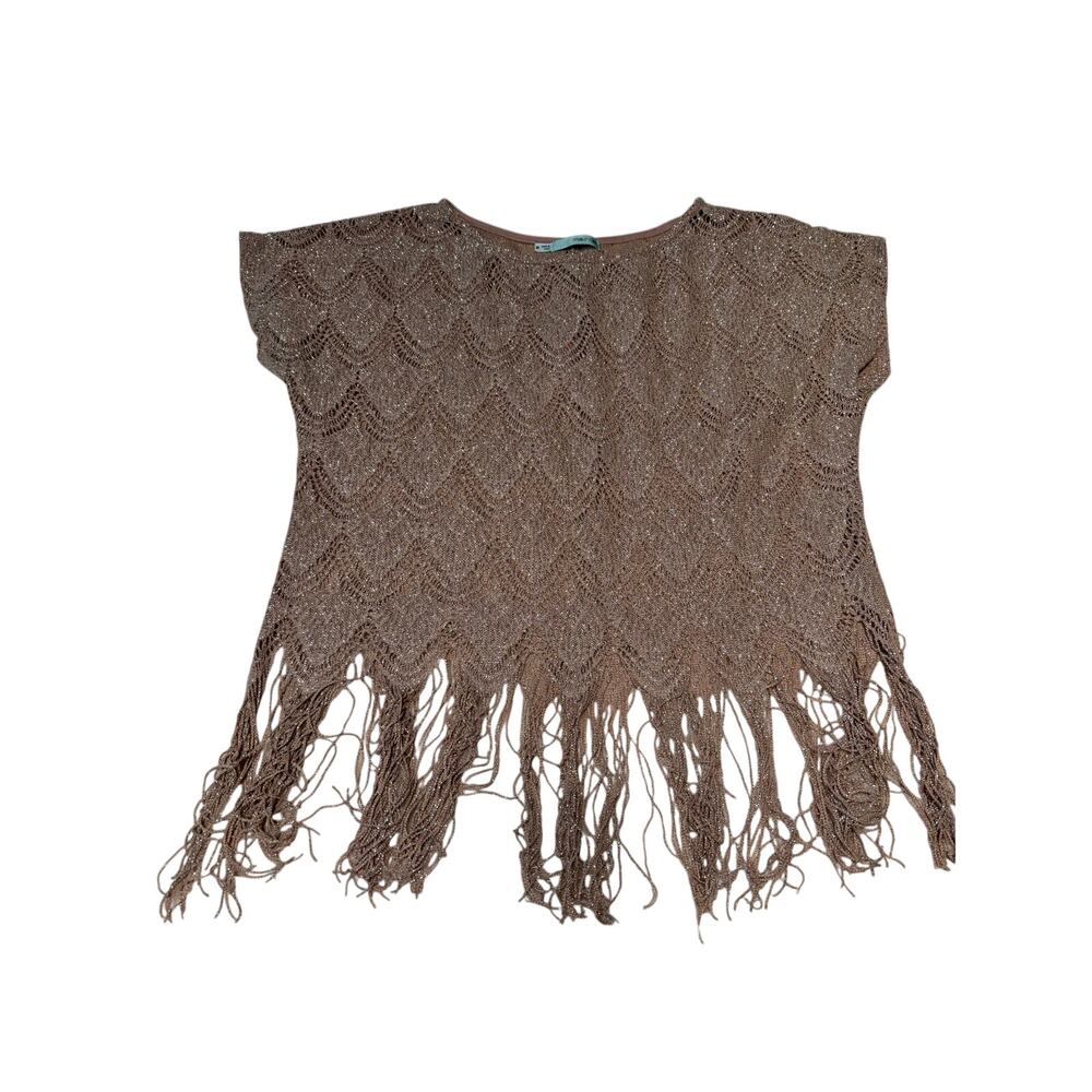 Maurices Taupe Metallic Crochet Fringe Poncho Top Women's Medium Boho Festival